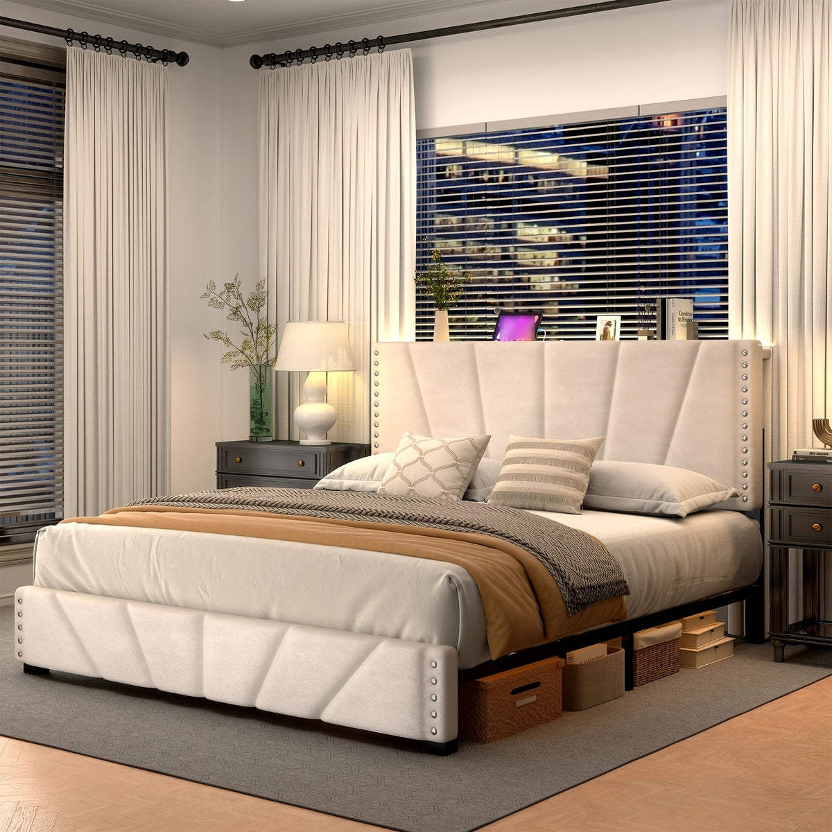 king queen size upholstered platform durable bed frame rgb - Temu