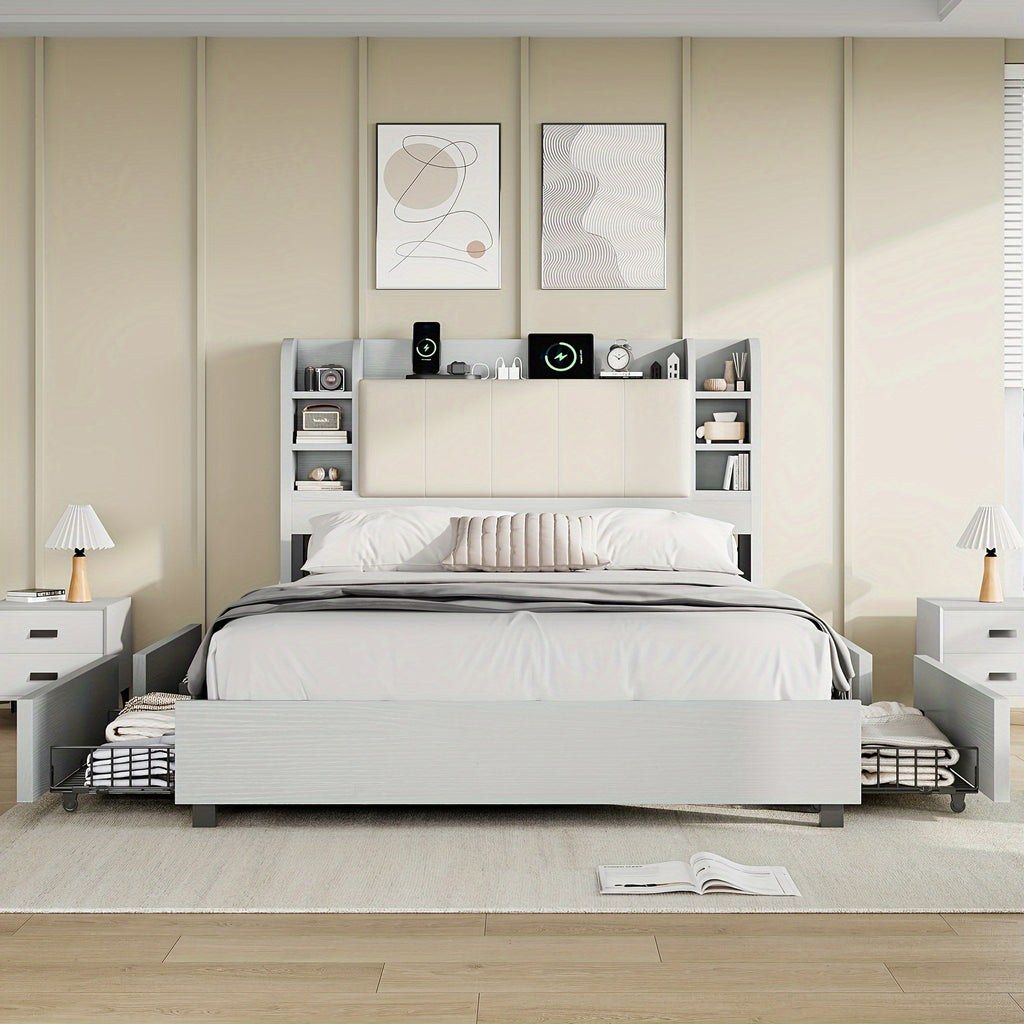 upholstered bed frame 4 storage drawers industrial bed frame - Temu