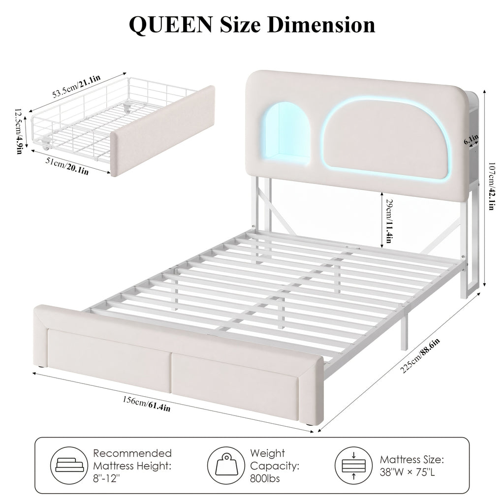 queen size led bed frame storage headboard drawers velvet - Temu