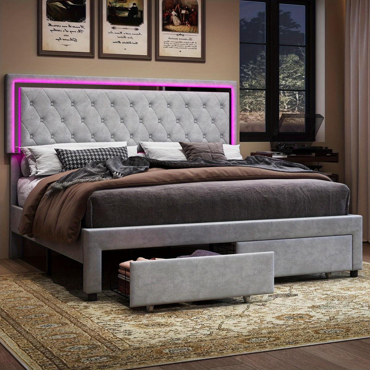 velvet upholstered led bed frame two storage drawers - Temu