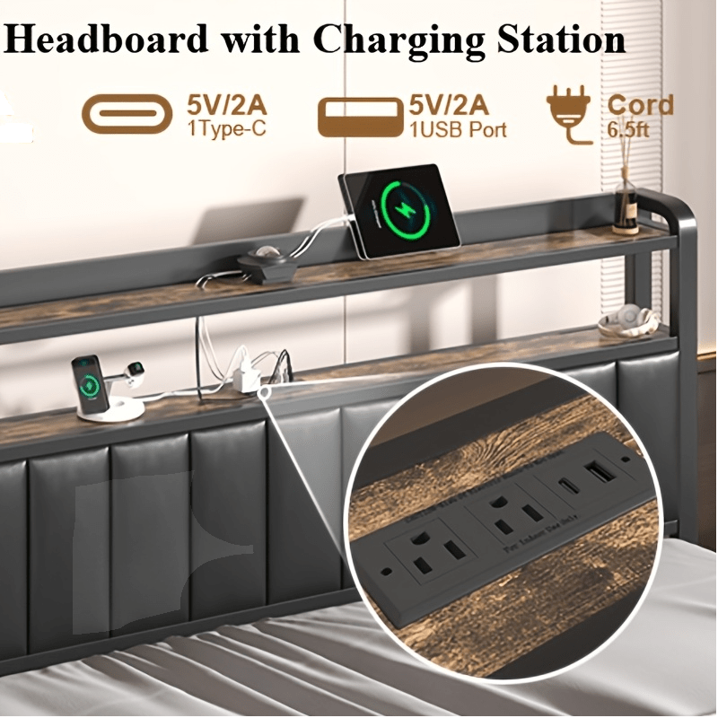 metal platform bed storage   upholstered headboard - Temu