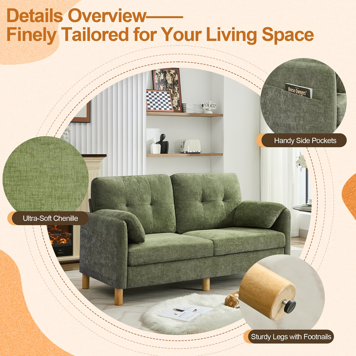 chenille loveseat sofa 65 2 seater upholstered couch padded - Temu