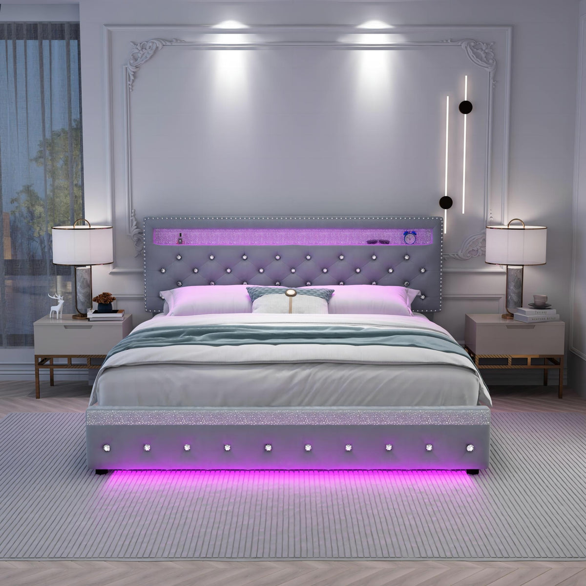 queen size bed frame led lights upholstered bed - Temu