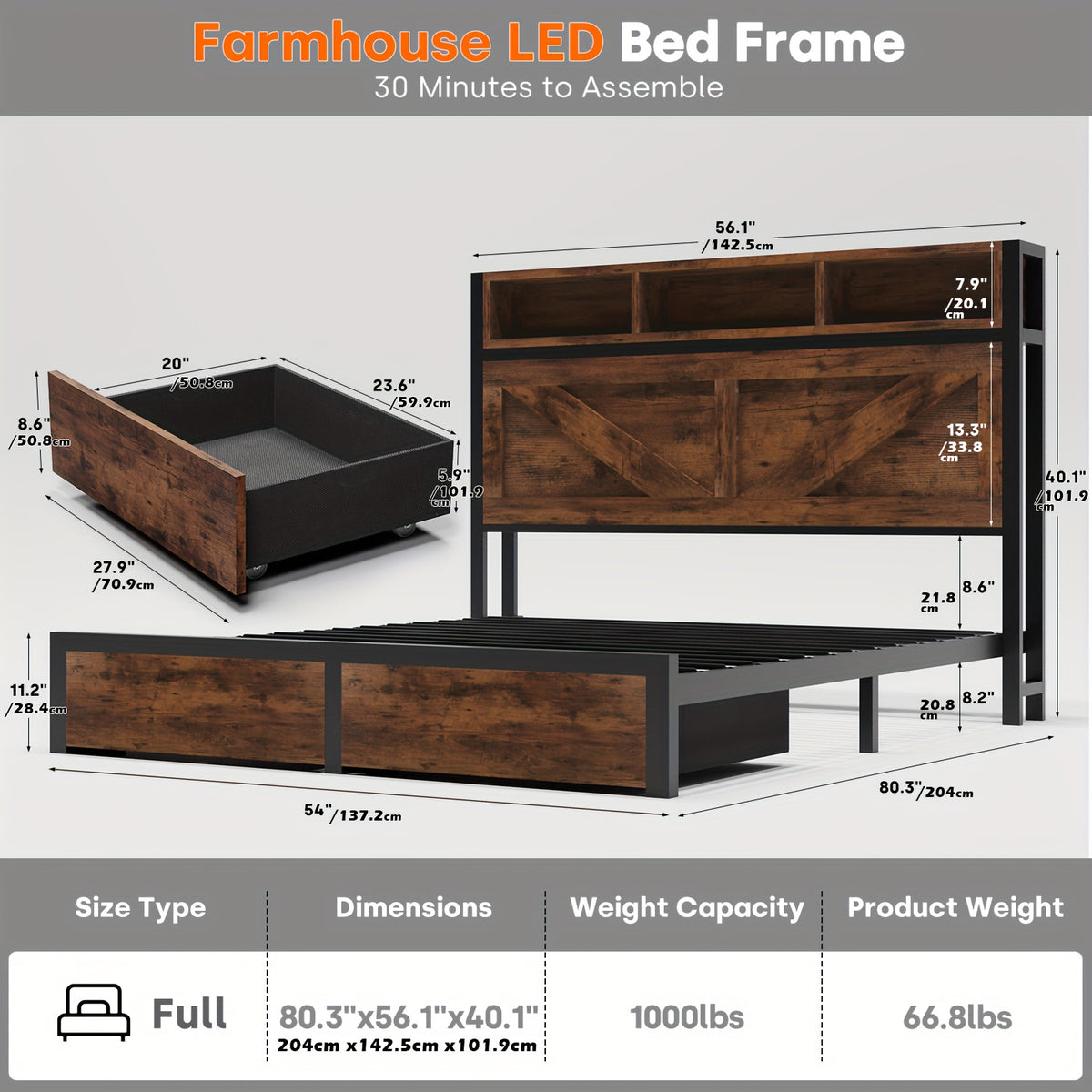 farmhouse bed frame storage headboard drawers led lights - Temu