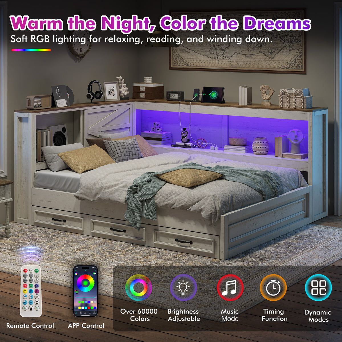 storage corner bed frame bookcase headboard led - Temu