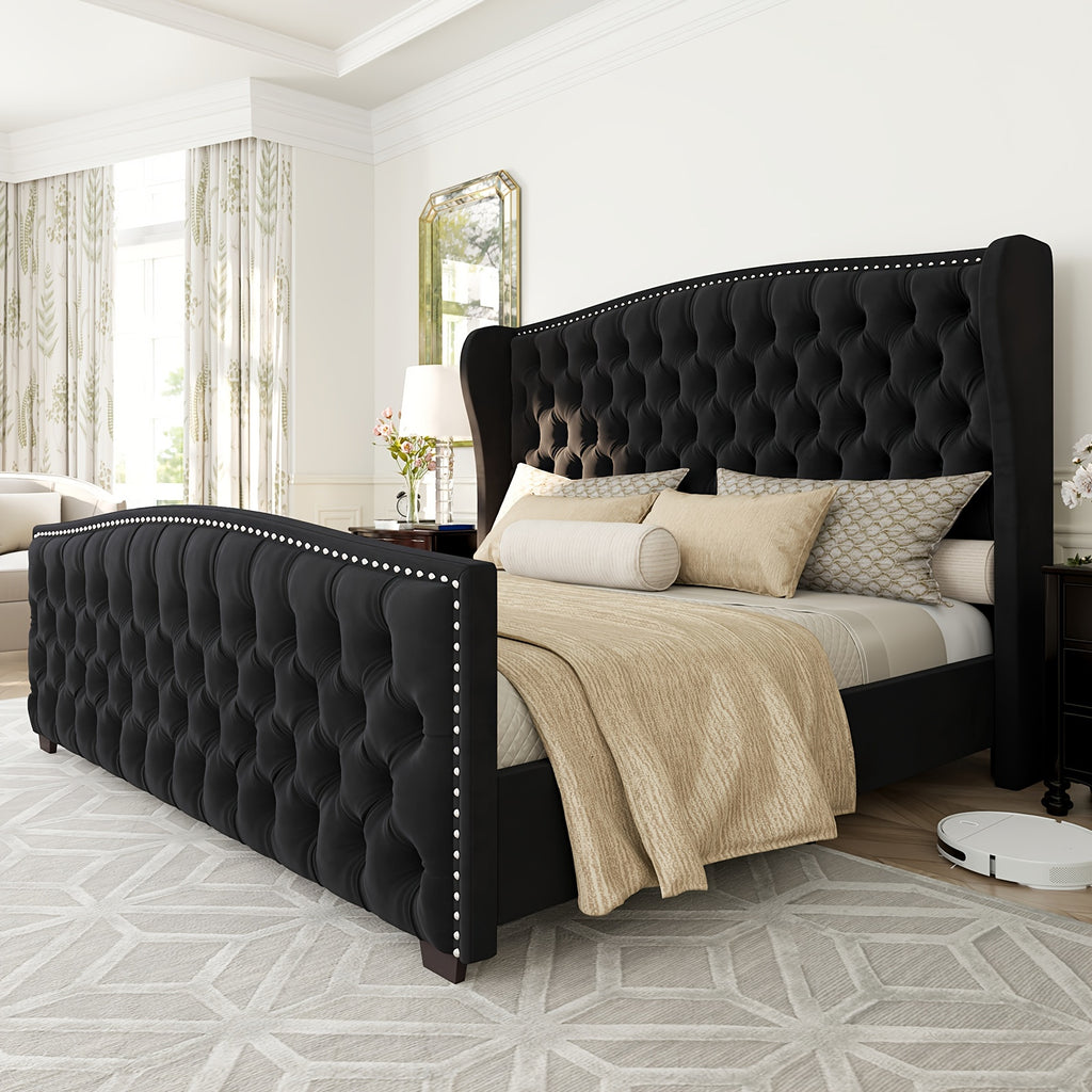handcrafted velvet bed frame featuring a wingback headboard - Temu