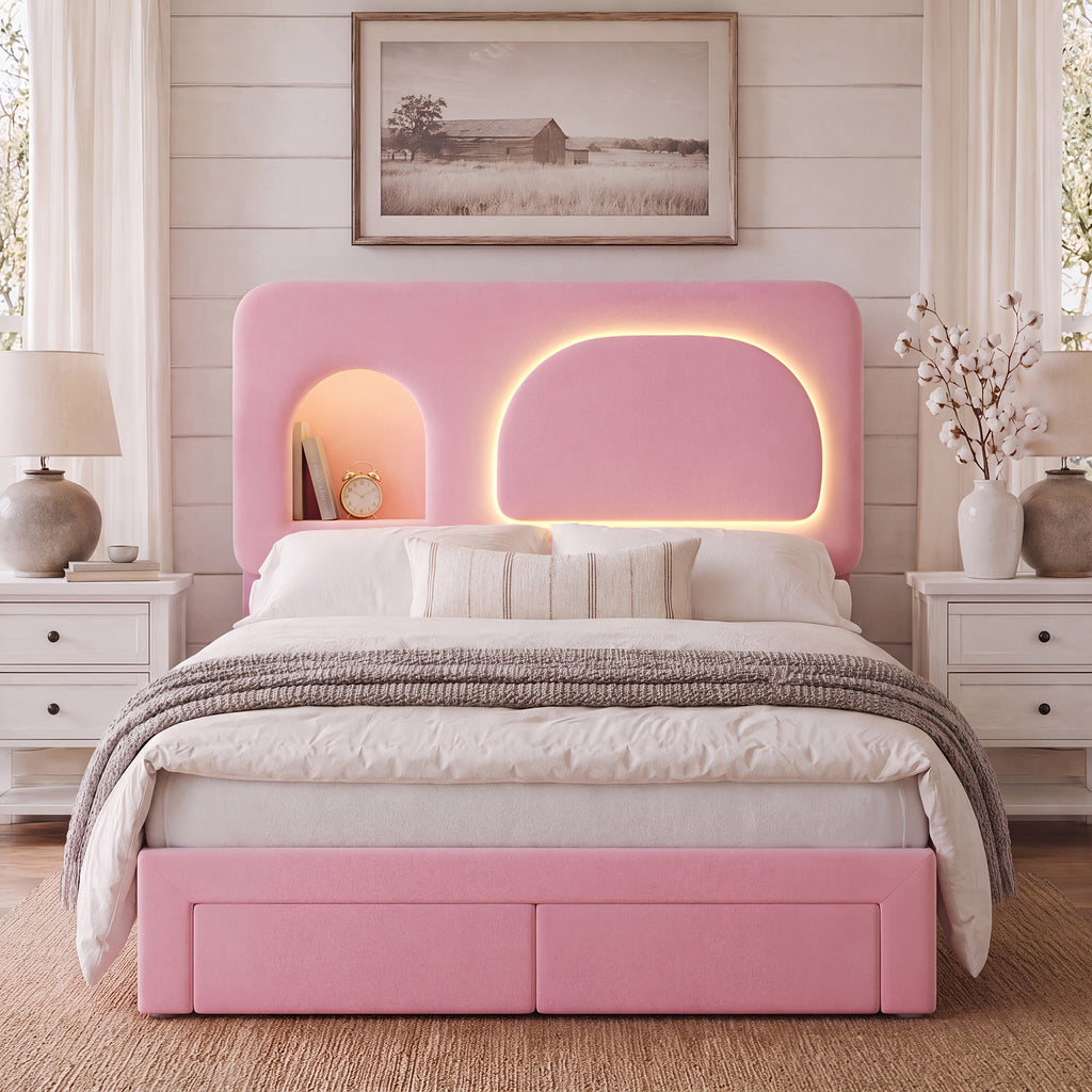 queen size led bed frame storage headboard drawers velvet - Temu