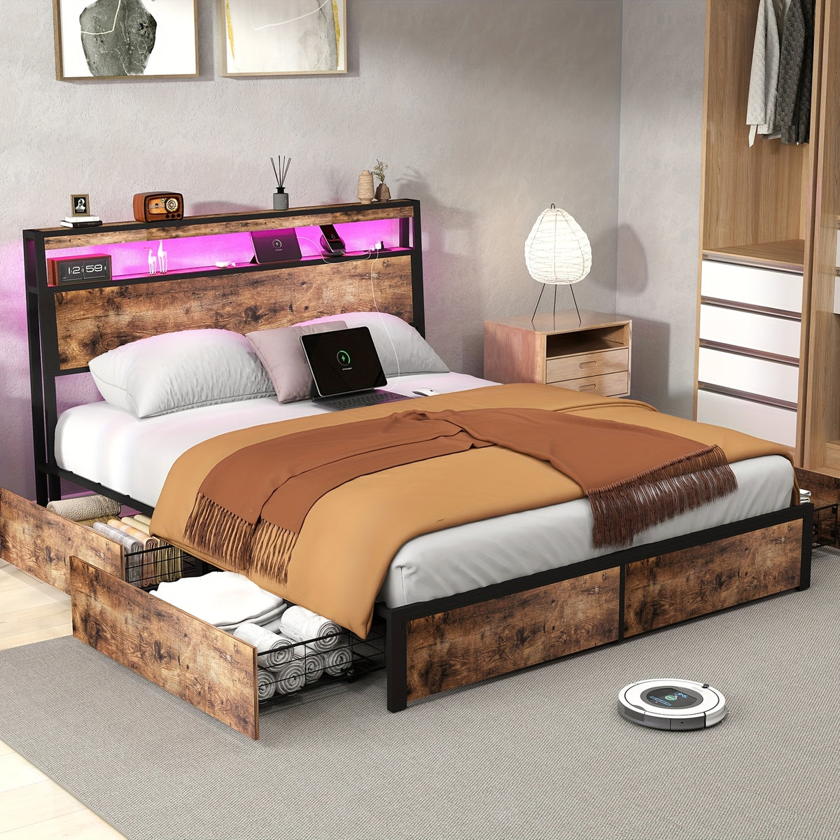 full queen king size bed frame 4 storage drawers headboard - Temu