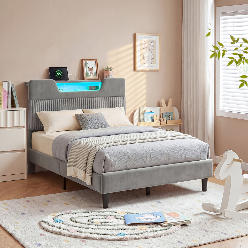 velvet upholstered platform bed frame rgb led lights - Temu
