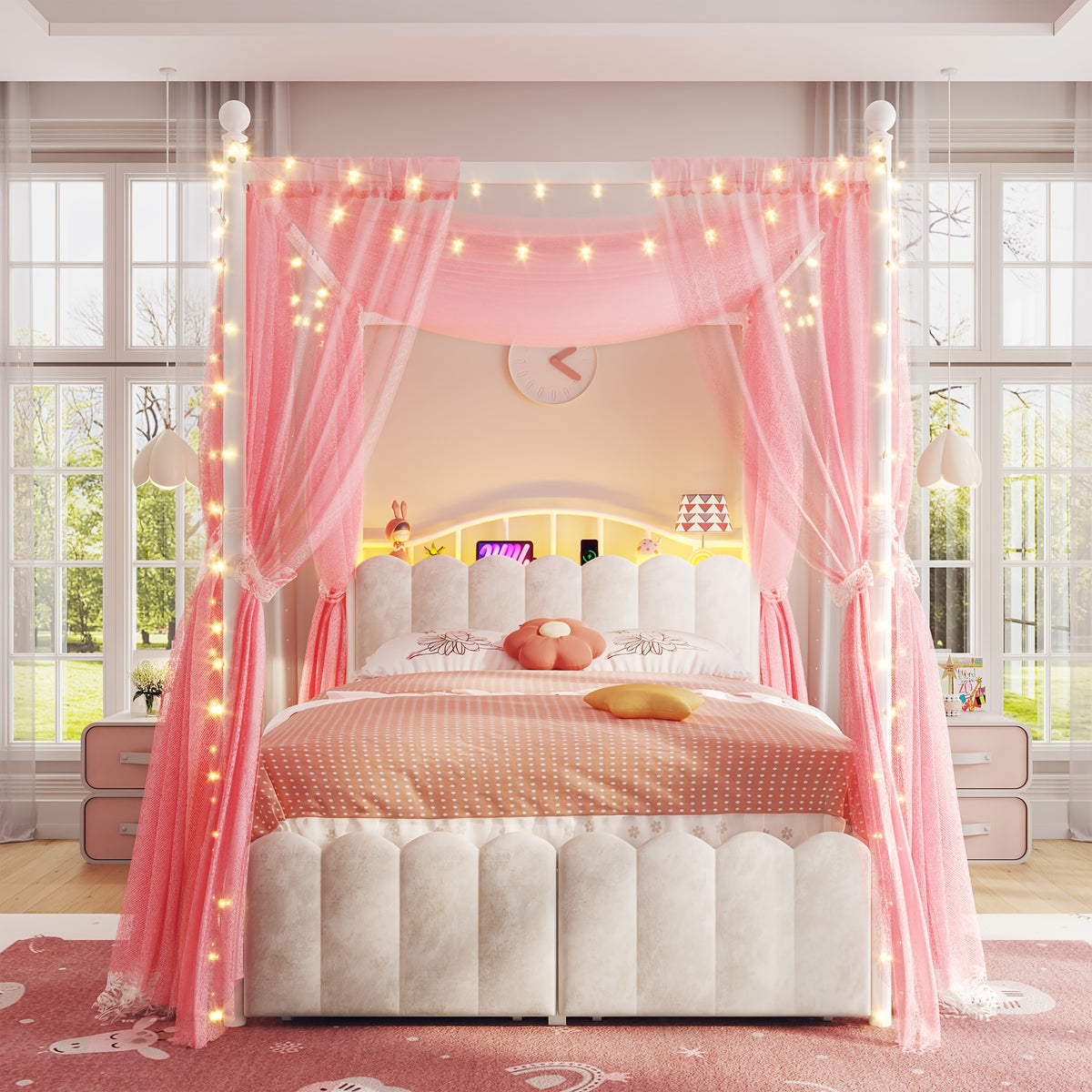 twin full queen upholstered canopy bed frame 2 drawers - Temu