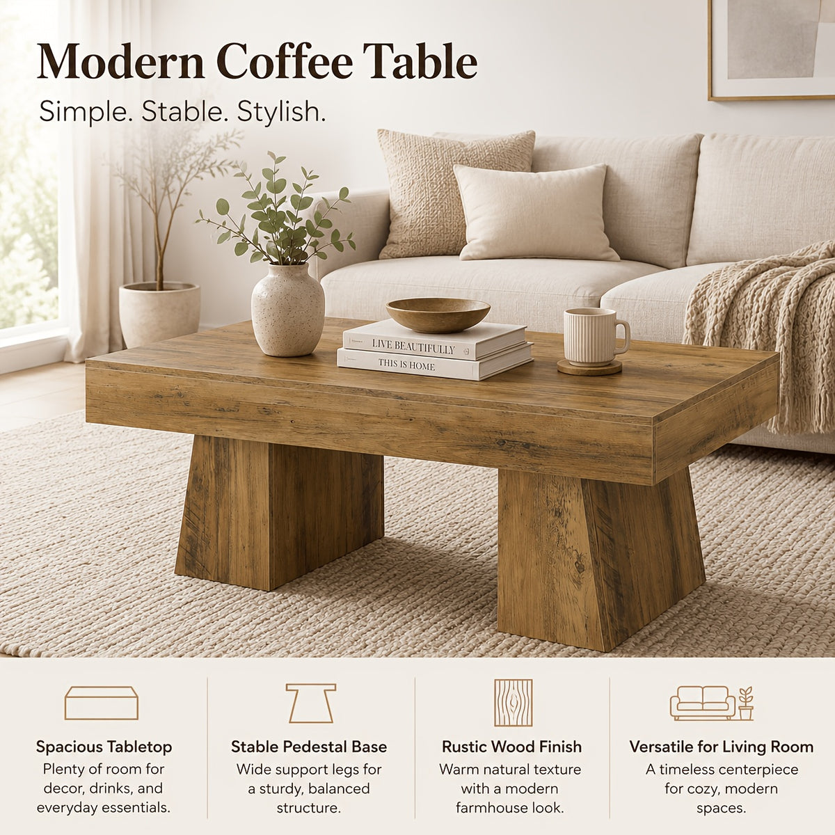 farmhouse coffee table living room rustic wood grain center - Temu