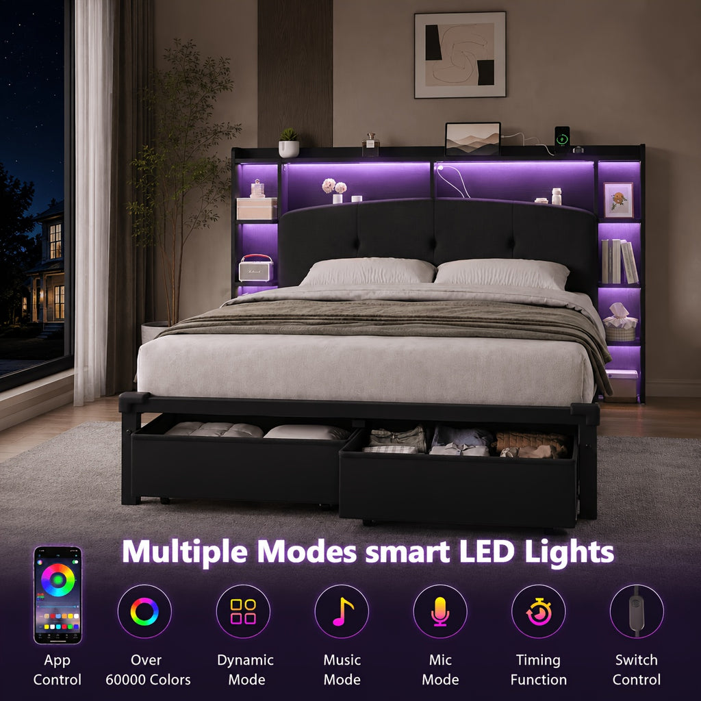 modern bed frame storage headboard 2 fabric drawers rgb led - Temu