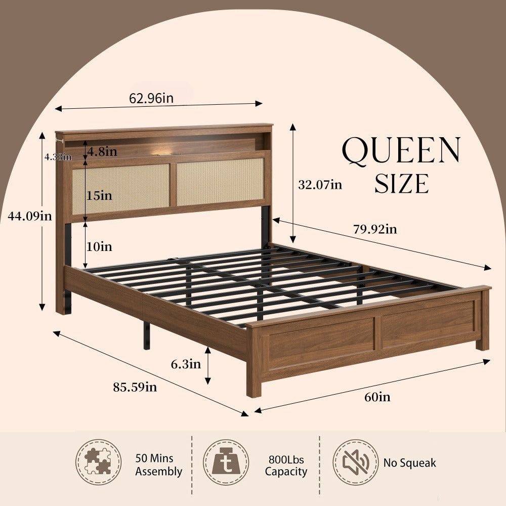 queen size bed frame rattan headboard built in led reading - Temu
