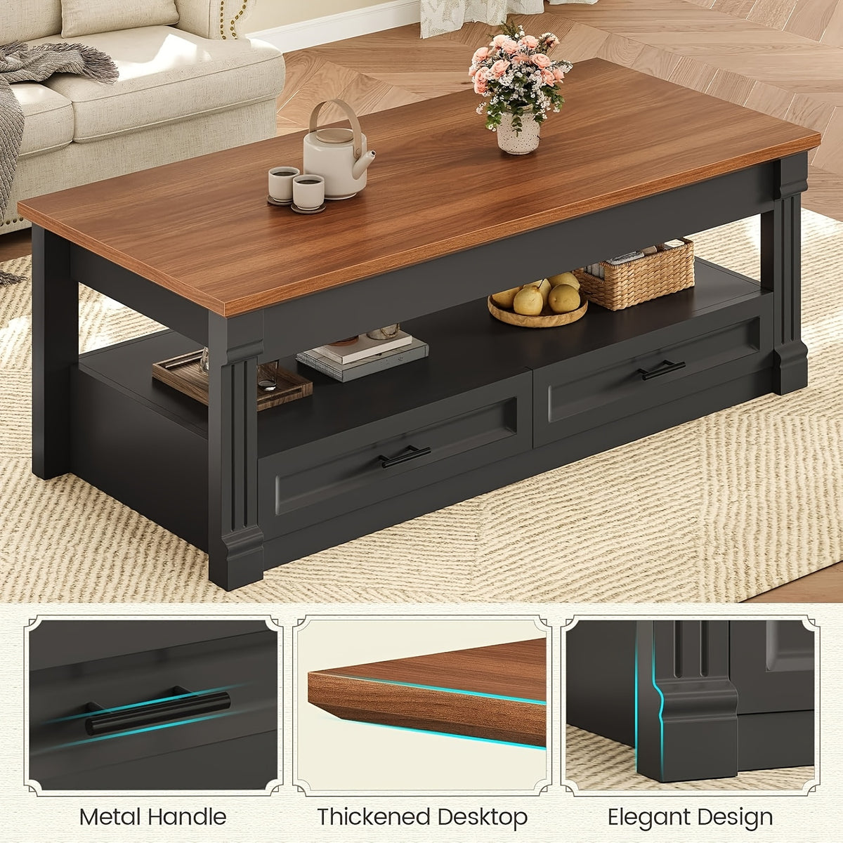 lift top coffee table 2 storage drawers hidden compartment - Temu