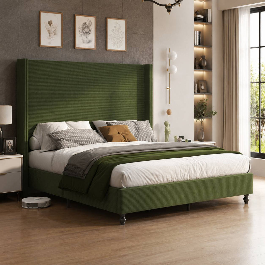 corduroy upholstered bed frame tall wingback headboard solid - Temu