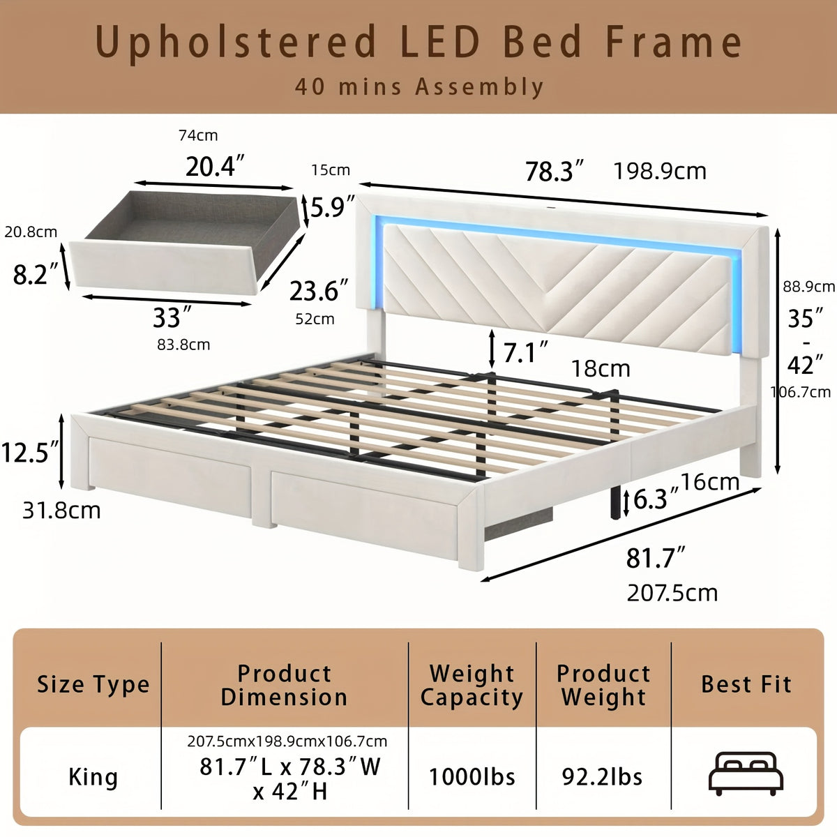 modern upholstered king bed frame adjustable led headboard 2 - Temu