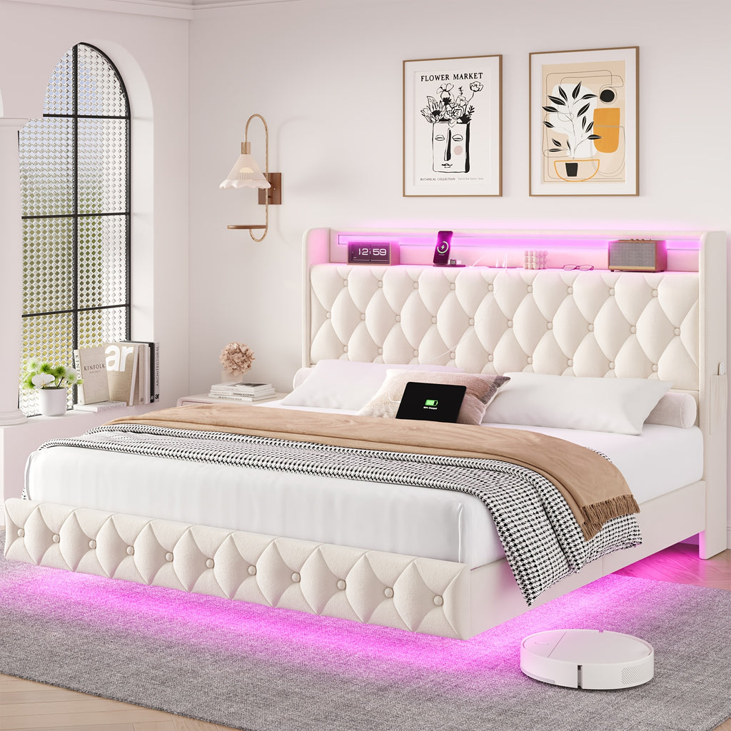 full queen size floating bed frame led lights charging - Temu