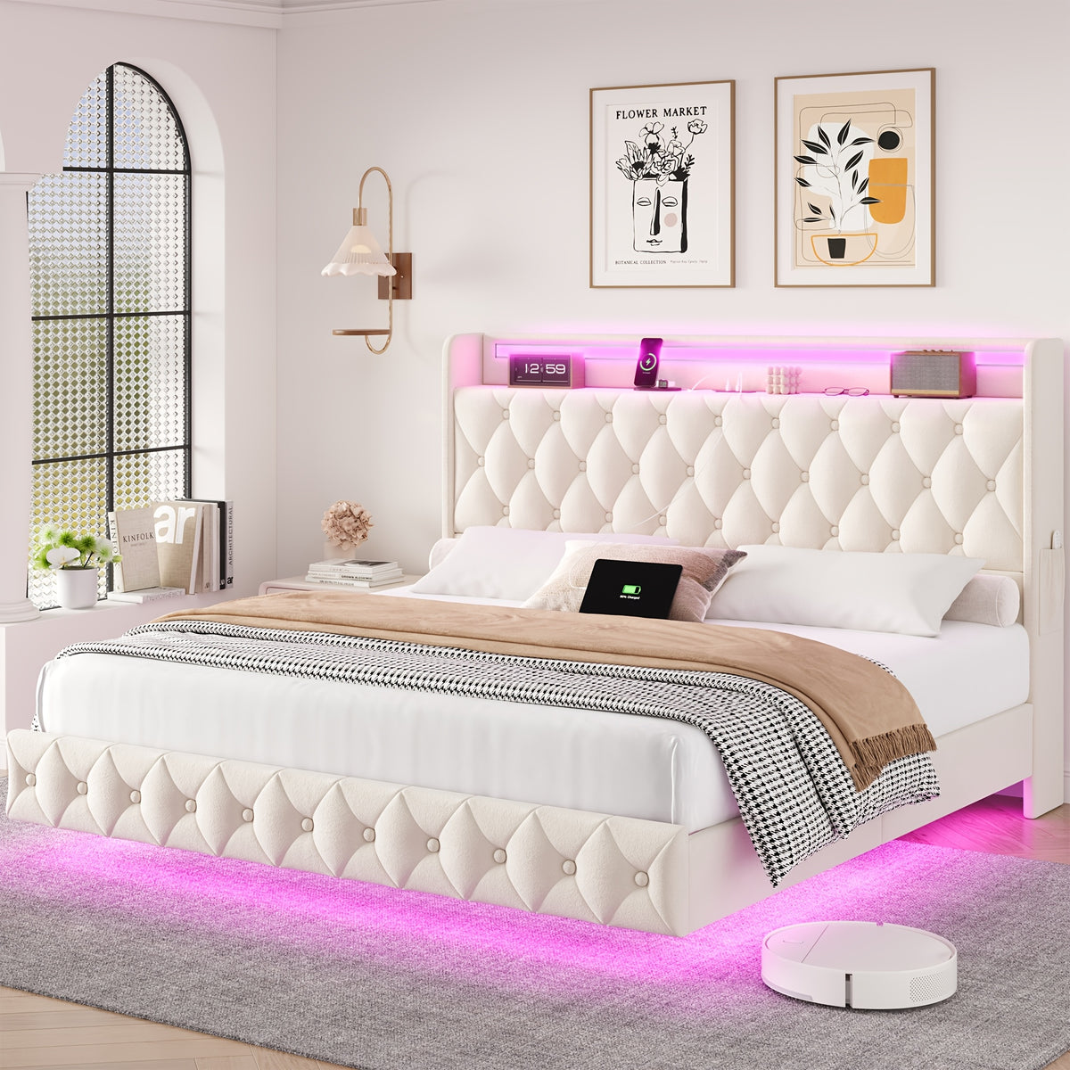 full queen size floating bed frame led lights charging - Temu