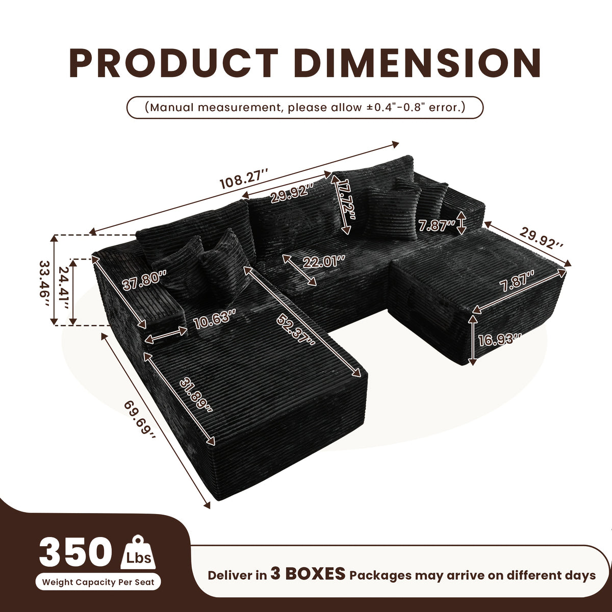 modern 108 inch convertible sectional sofa   4 pillows - Temu