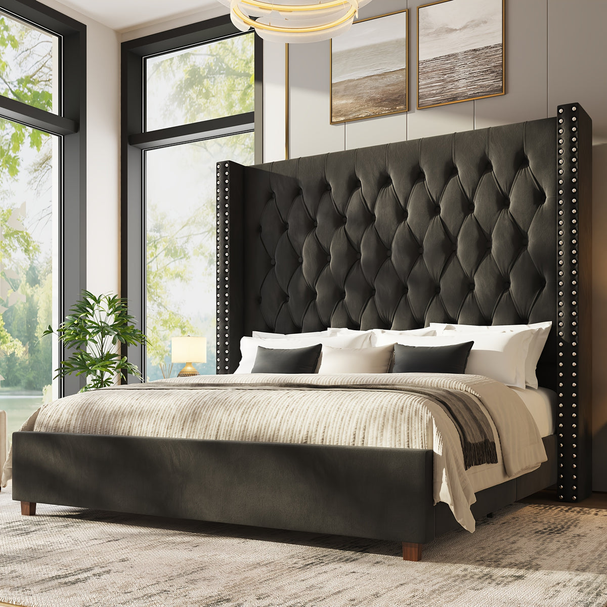 velvet upholstered platform bed frame 60 inch tall - Temu