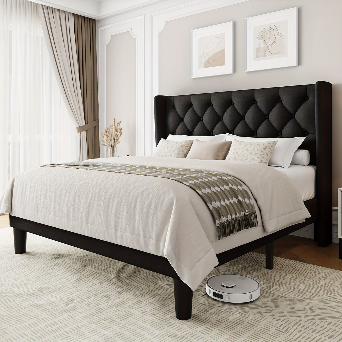 bed frame button tufted headboard platform bed 8 bed storage - Temu