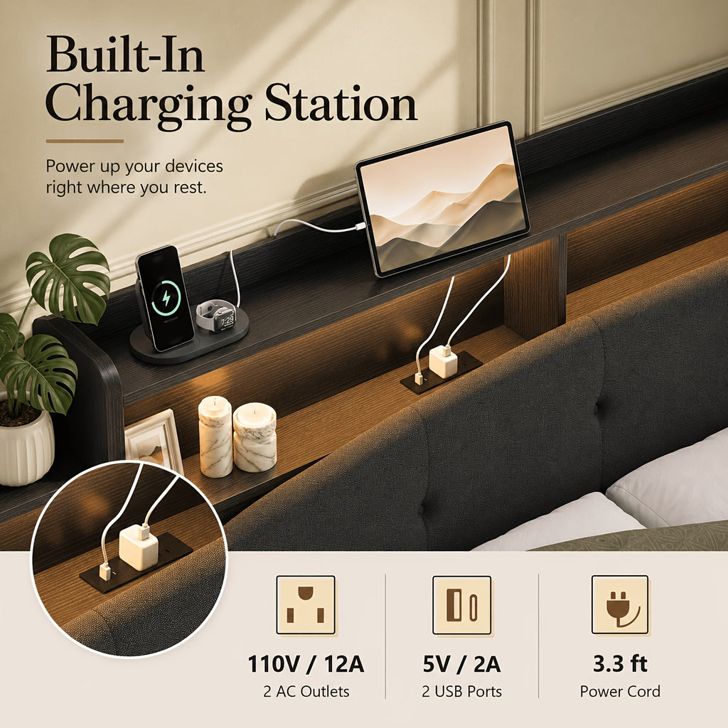 modern bed frame storage headboard 2 fabric drawers rgb led - Temu