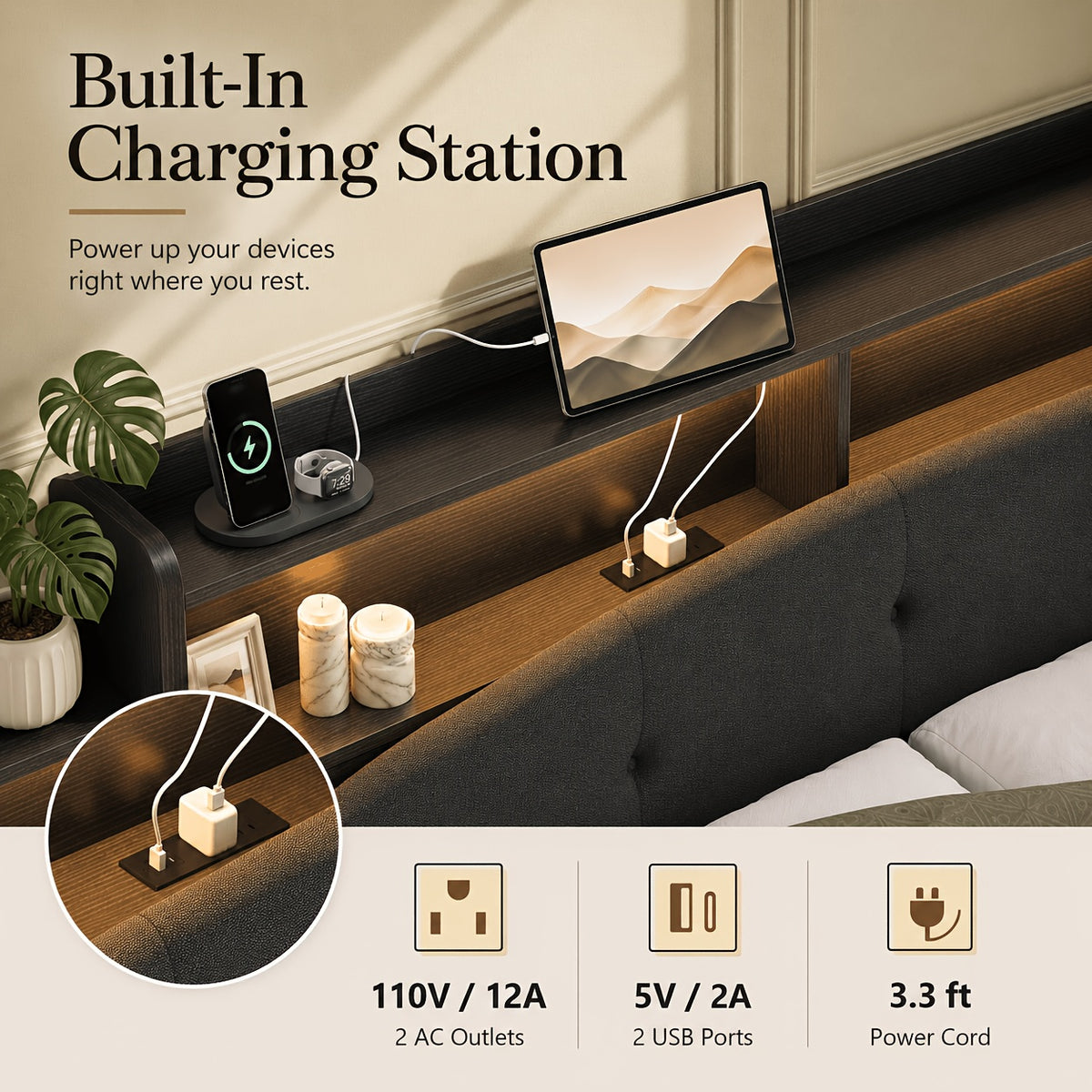 modern bed frame storage headboard 2 fabric drawers rgb led - Temu
