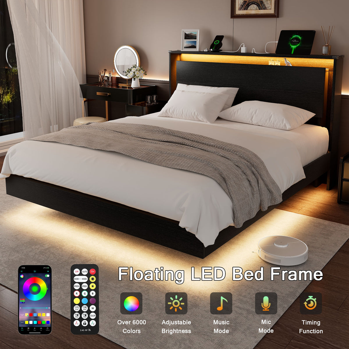 floating bed frame led lights charging station heavy duty - Temu