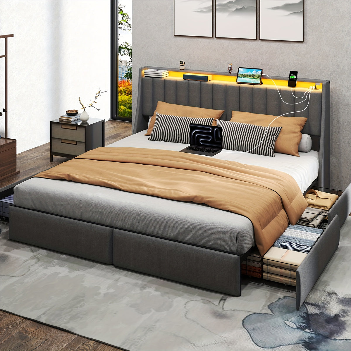 full queen king bed frame 2 storage drawers luxury wingback - Temu