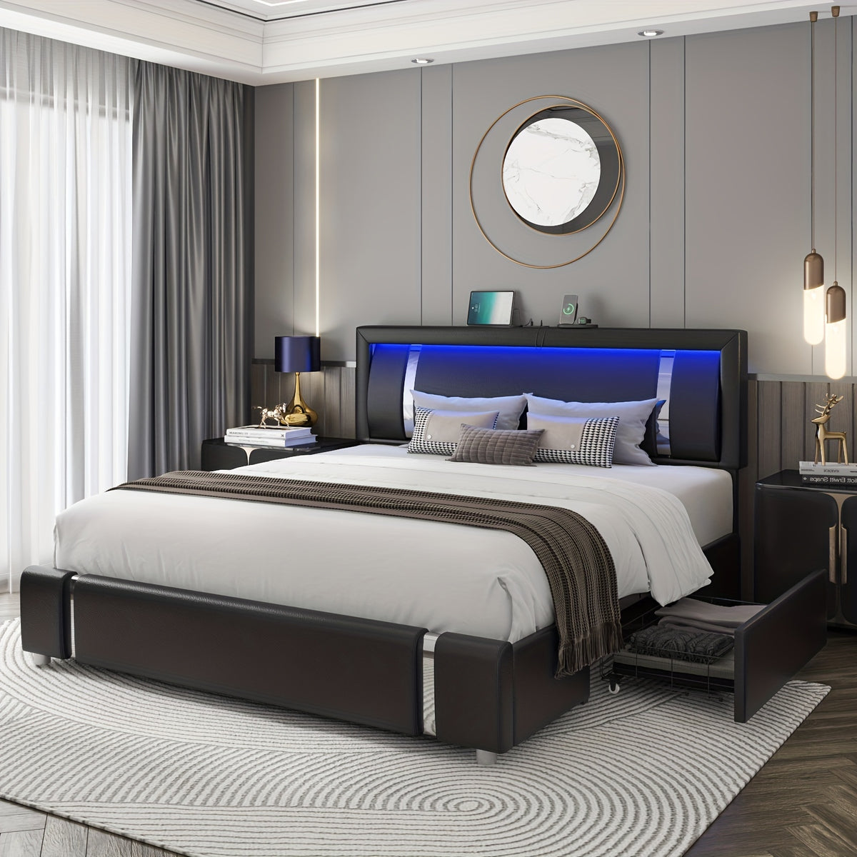 full size bed frame headboard storage drawers upholstered - Temu