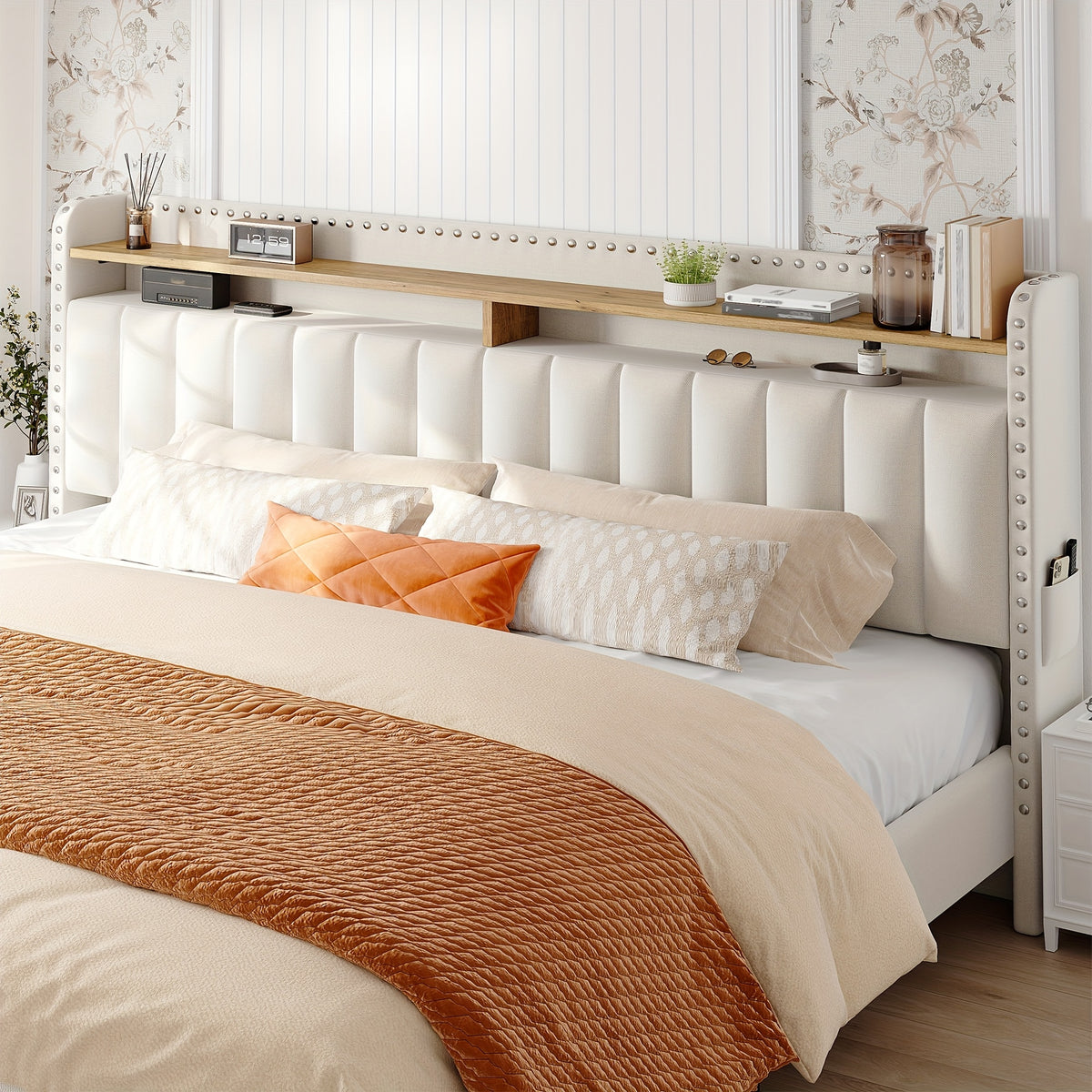 soft upholstered bed frame 2 storage drawers full queen king - Temu