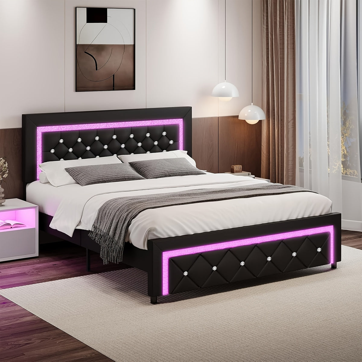 twin full queen bed frame led lights upholstered platform - Temu