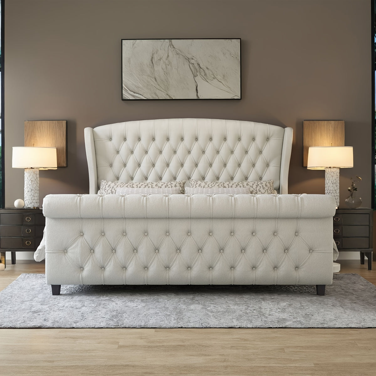 velvet upholstered platform bed frame sleigh design curved - Temu