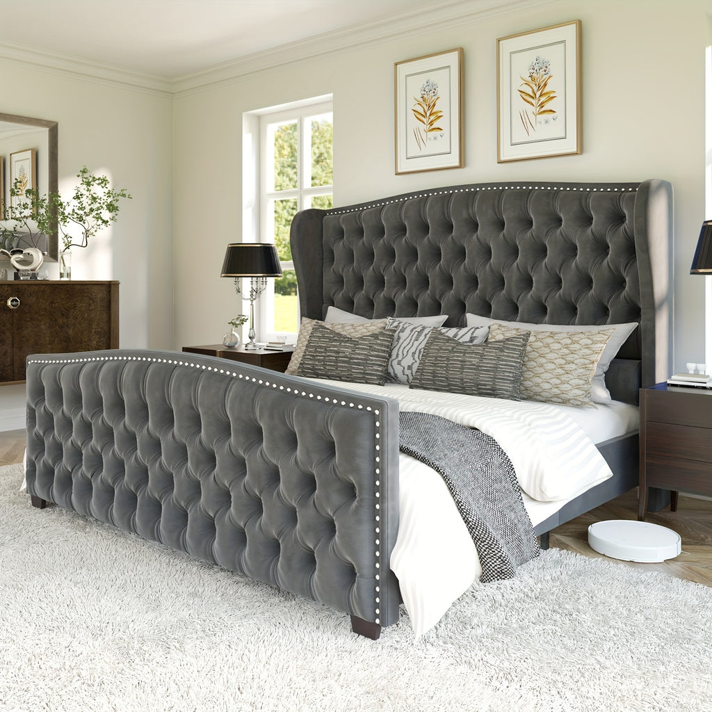platform bed frame velvet upholstered bed deep button tufted - Temu
