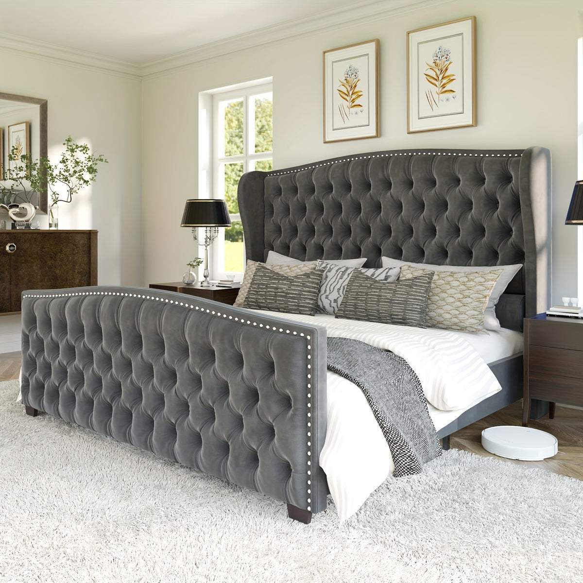 platform bed frame velvet upholstered bed deep button tufted - Temu