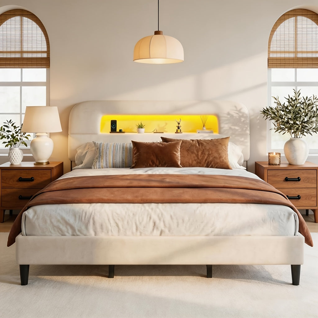 queen bed frame velvet material soft wrapped bed - Temu