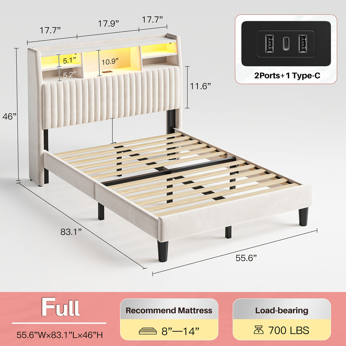 upholstered bed frame built in charging station led lighting - Temu