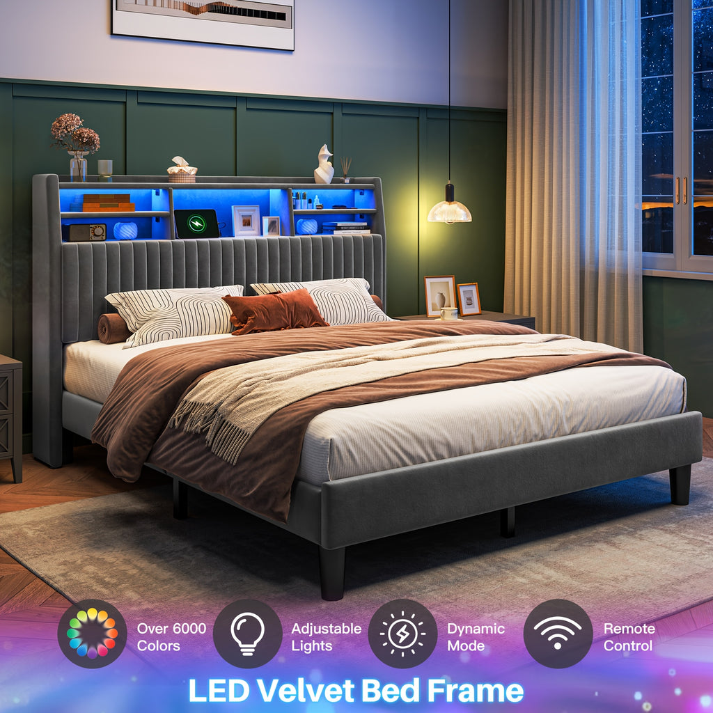 upholstered bed frame built in charging station led lighting - Temu