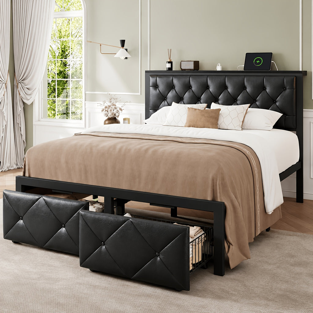 bed frame 2 storage drawers metal platform bed charging - Temu