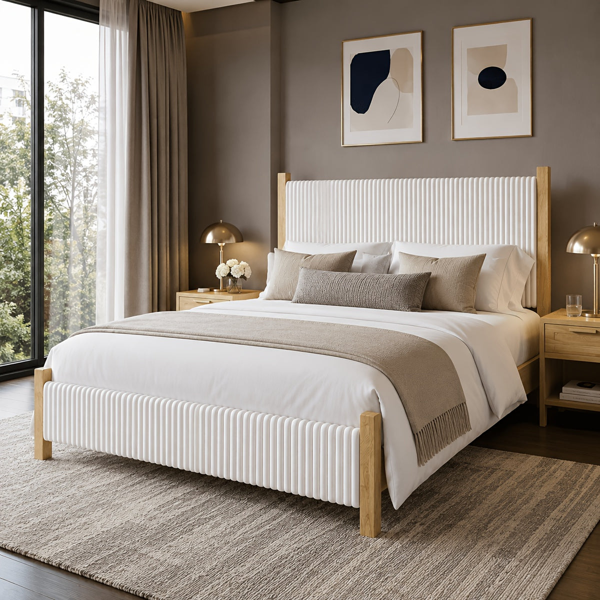 vertical fluted upholstered bed frame natural   - Temu