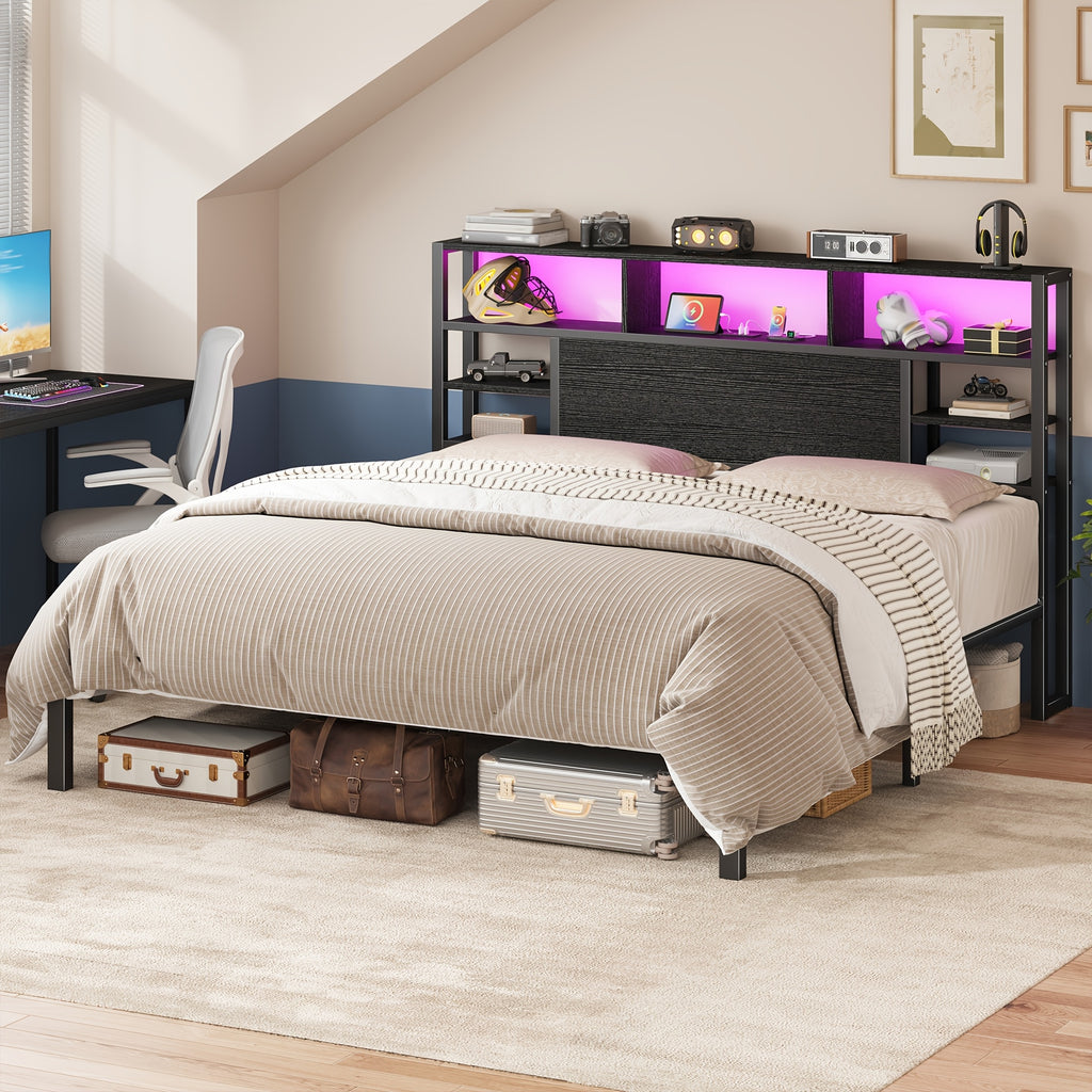 full queen king bed frame storage headboard led lights - Temu