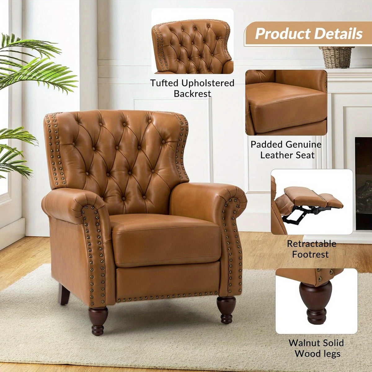 genuine leather recliner chair solid wood legs modern - Temu