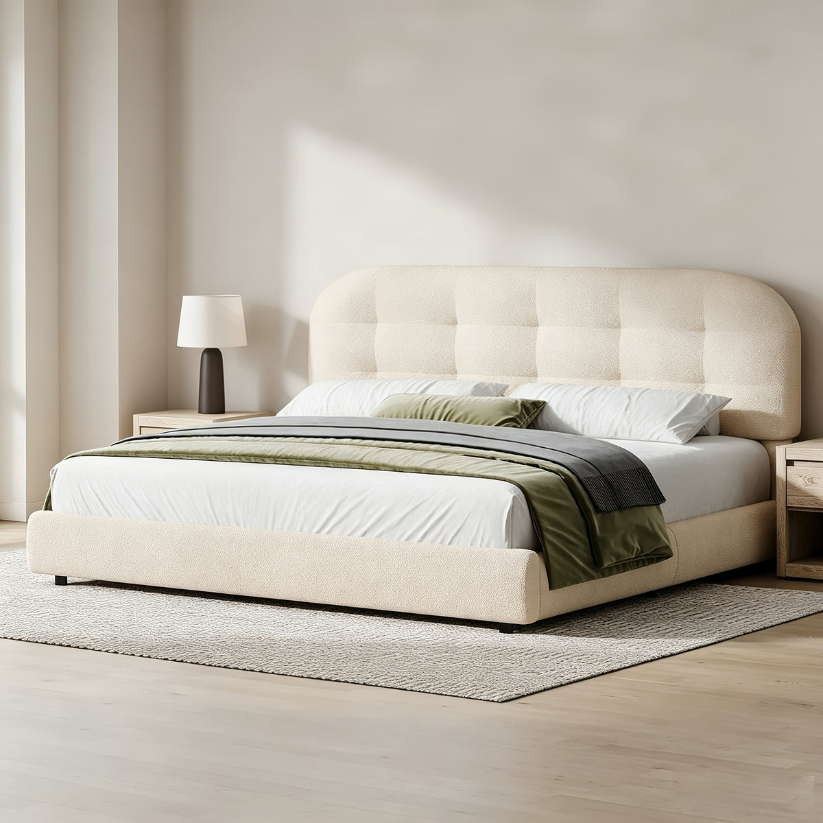 modern boucle upholstered platform bed frame curved cloud - Temu
