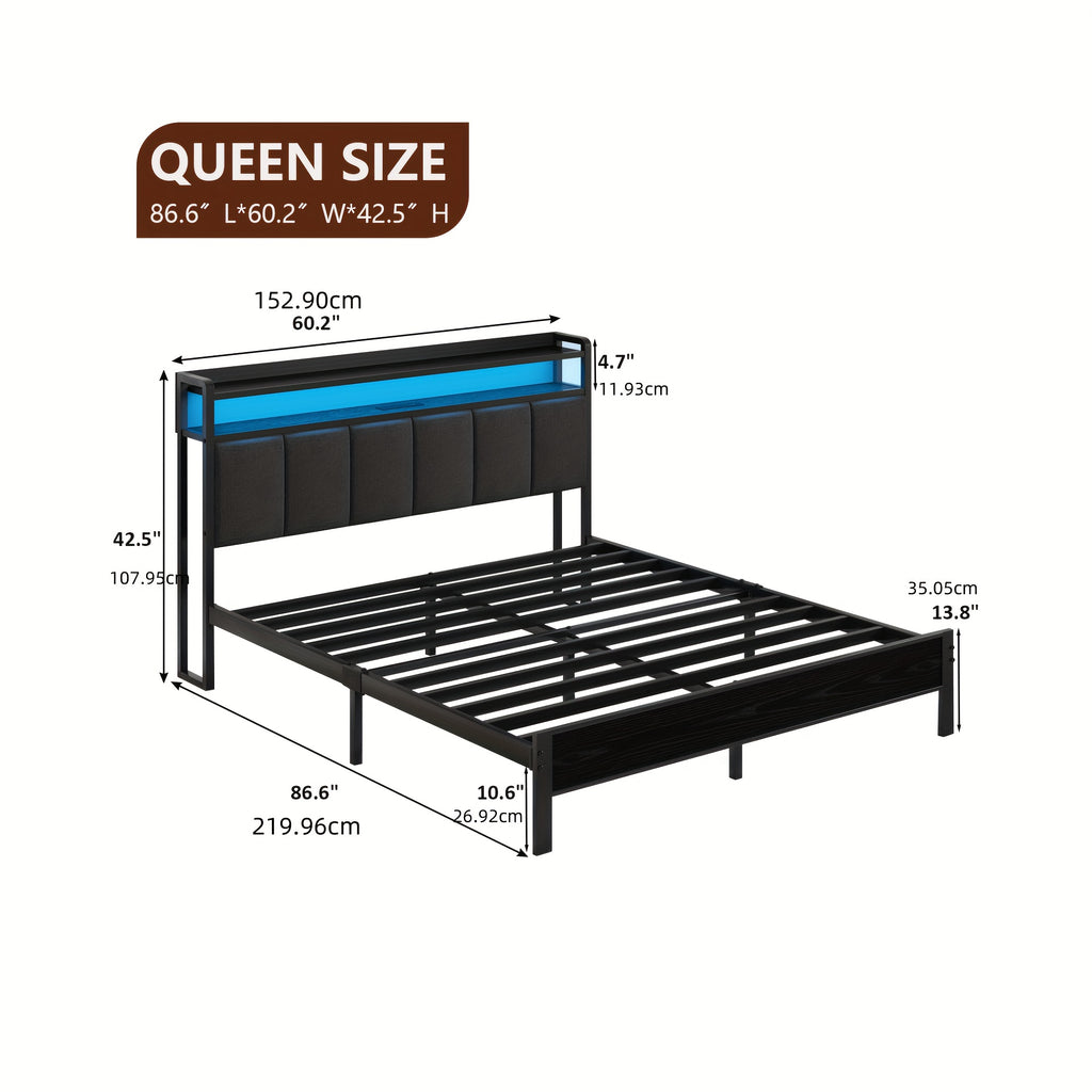 twin full queen king bed frame storage headboard led lights - Temu
