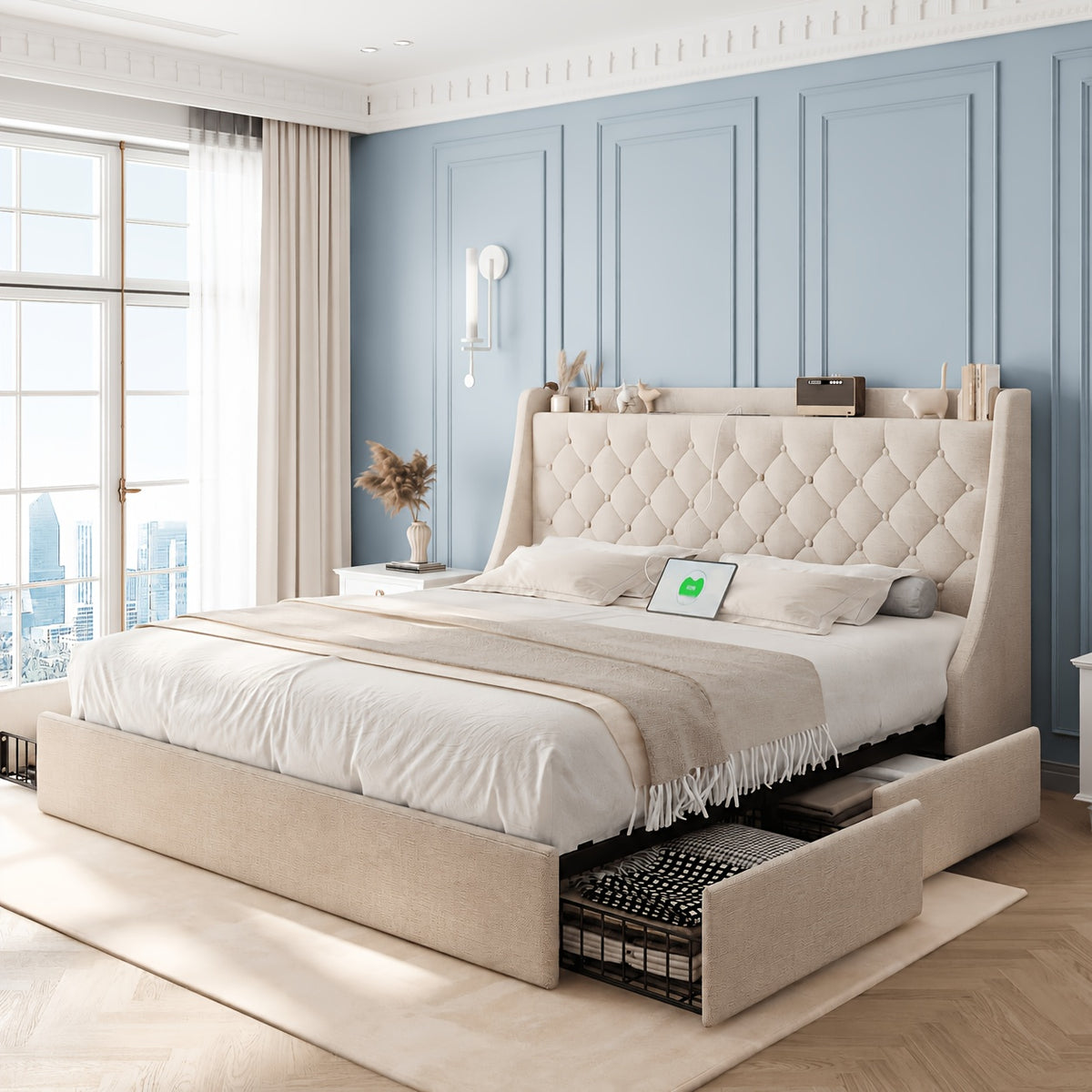 bed frame charging station linen fabric storage headboard - Temu