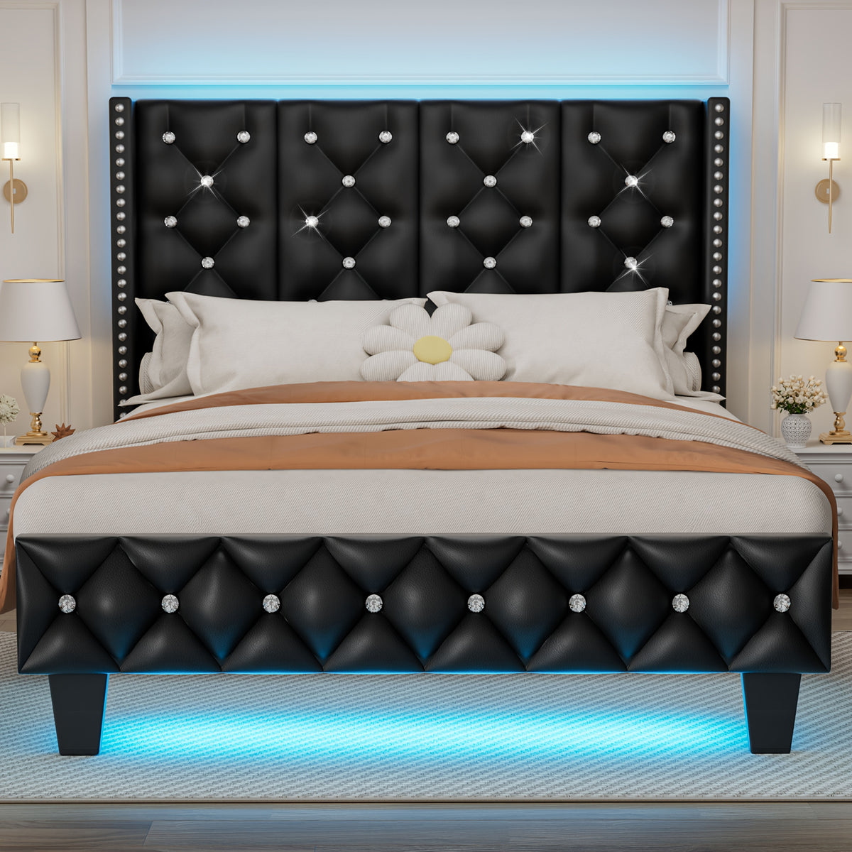 upholstered platform bed frame led lights tall bed frame - Temu