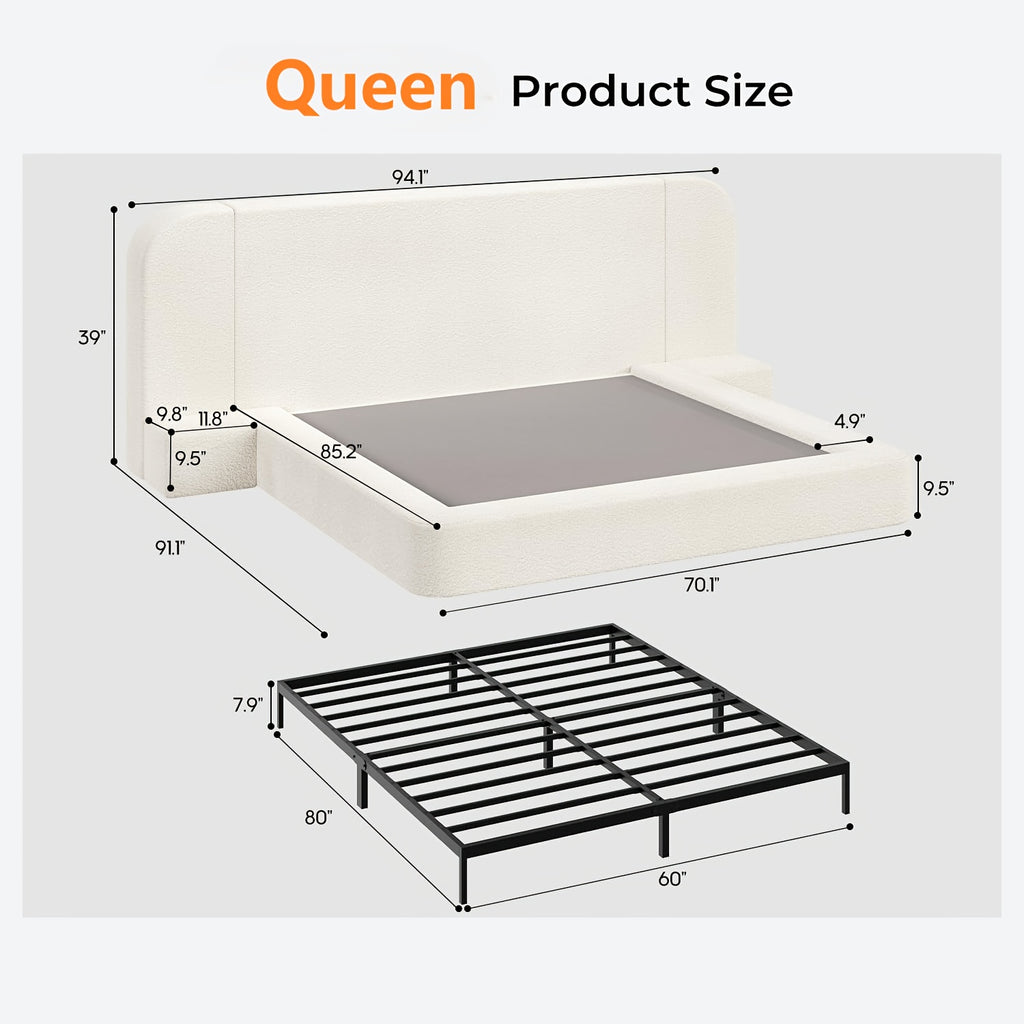upholstered platform bed extended headboard side nightstands - Temu
