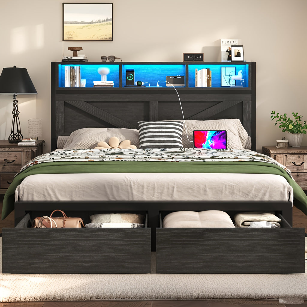 farmhouse bed frame storage headboard drawers led lights - Temu
