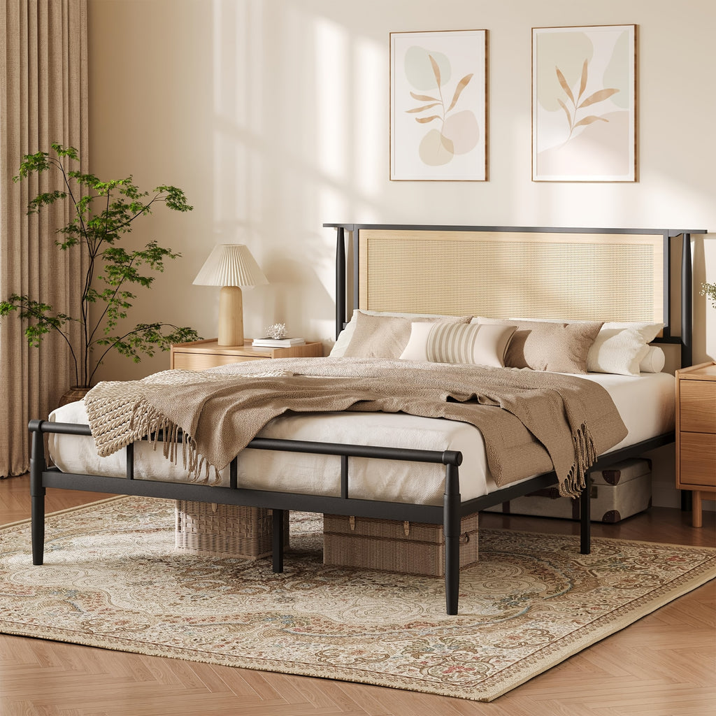 rattan bed frame full headboard black boho bed frame - Temu