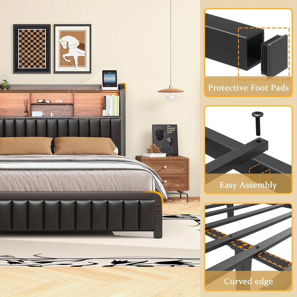 upholstered platform bed frame 3 tier storage headboard - Temu